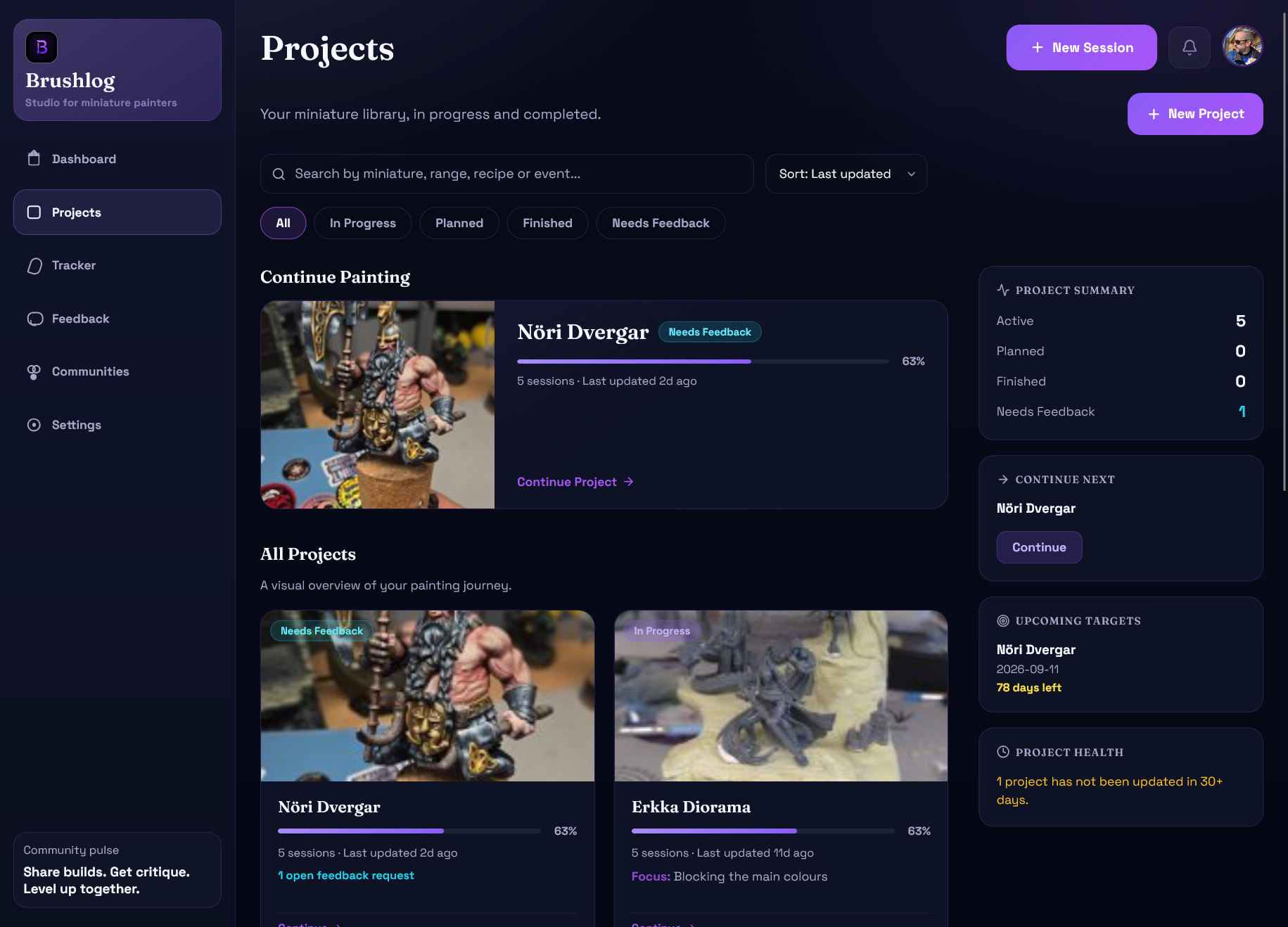 Brushlog desktop dashboard showing the hero card, projects, inbox and recent sessions
