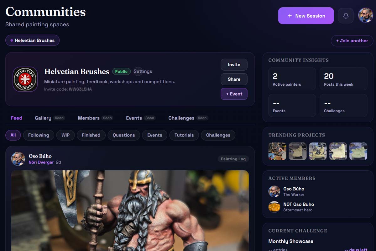 Brushlog community feed with painter posts