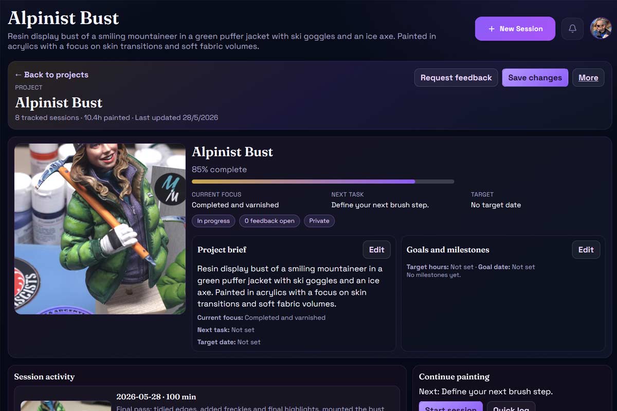 Brushlog dashboard hero card showing the current project