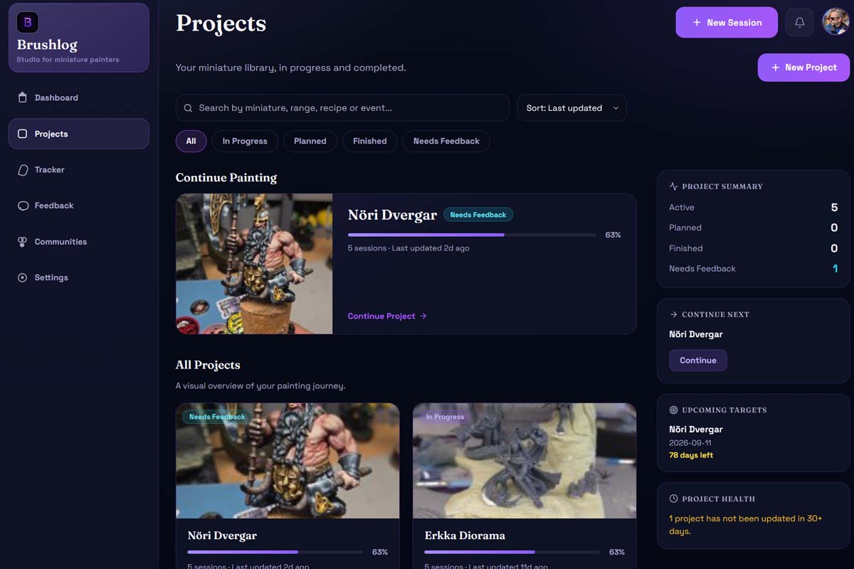 Brushlog projects page with project cards